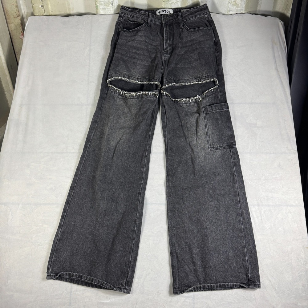 PTCL Ethikal Womens Rhinestone Slit Wide Leg Jeans Gray Denim Distressed 29